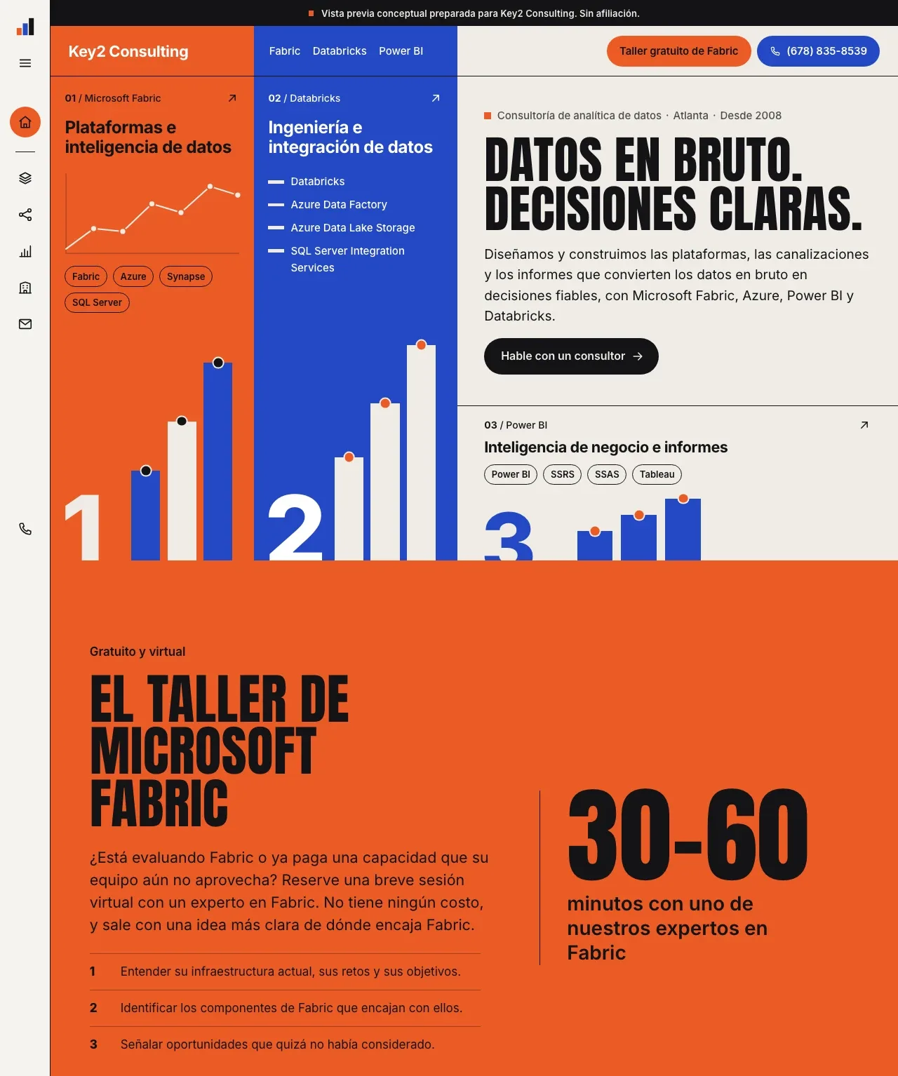 La página de inicio en vivo del cartel: paneles naranja y cobalto junto al titular “Datos en bruto. Decisiones claras.”