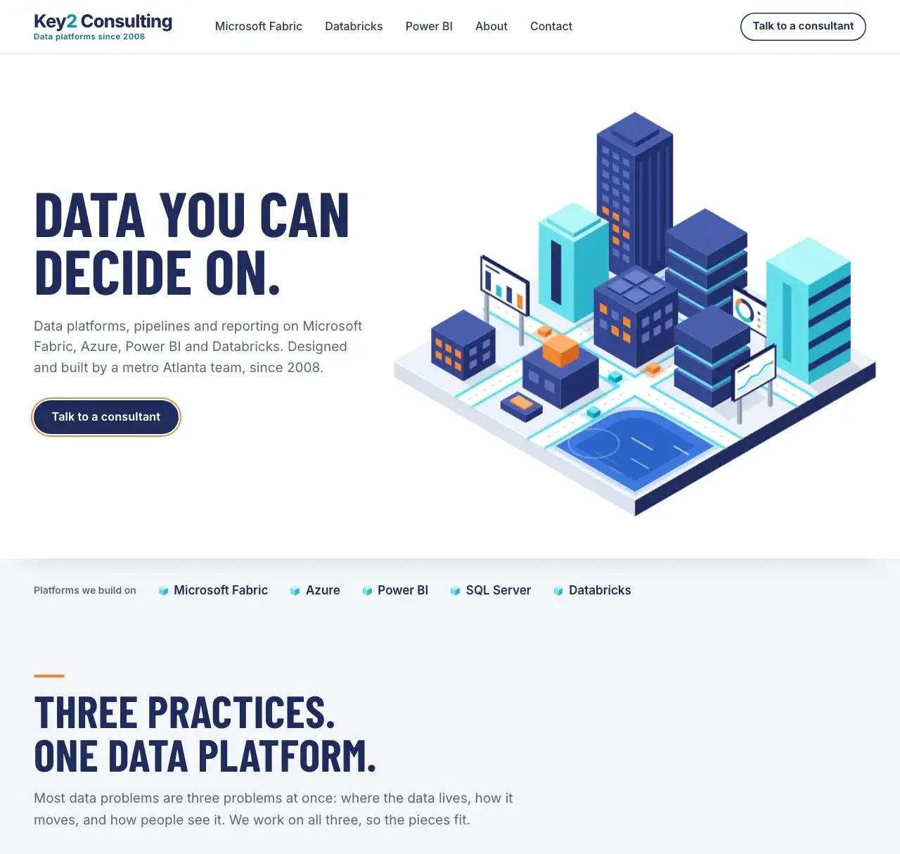 The live home page of the data city direction: the headline “Data you can decide on” beside the isometric city.