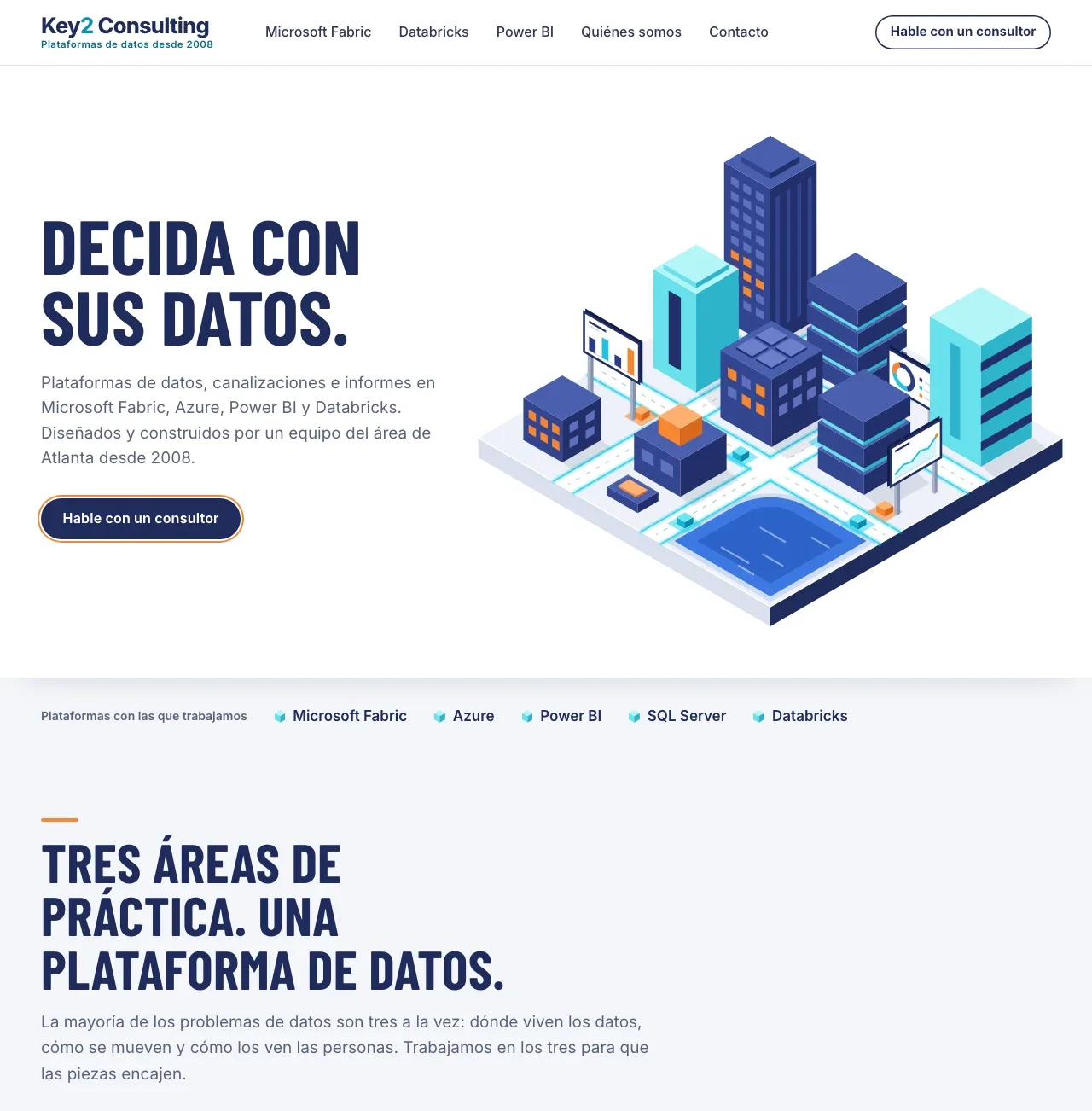 La página de inicio en vivo de la ciudad de datos: el titular “Decida con sus datos” junto a la ciudad isométrica.
